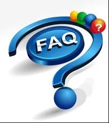 A 3D question mark lying on the ground with a button saying "FAQ" inside of its curve. 4 colorful balls sit on top of the question mark.